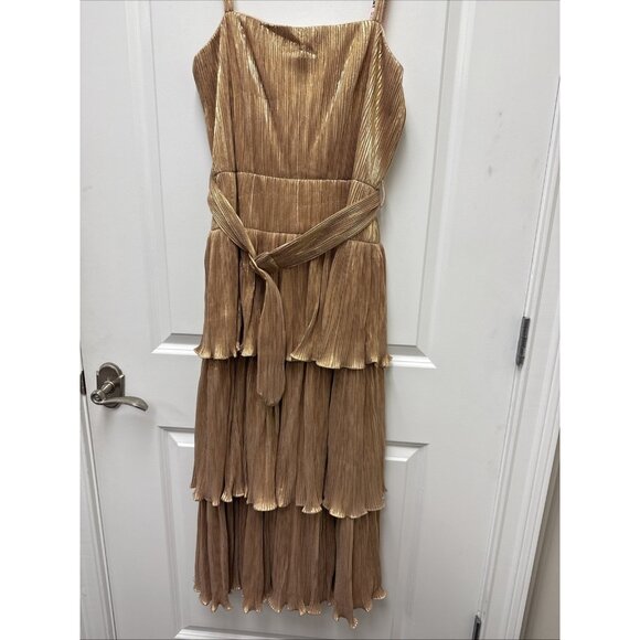 New Mac Duggal Size 10 Gold Ruffle Tiered Belted Sleeveless Cocktail Party Dress - Picture 8 of 16